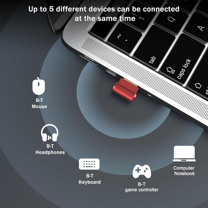 TECHKEY Bluetooth Adapter for Desktop PC, Plug & Play 5.3 USB Mini EDR Dongle Receiver & Transmitter for Laptop Computer Compatible with Headphones Keyboard Mouse Only Windows 11/10/8.1 (Red) - Image 2
